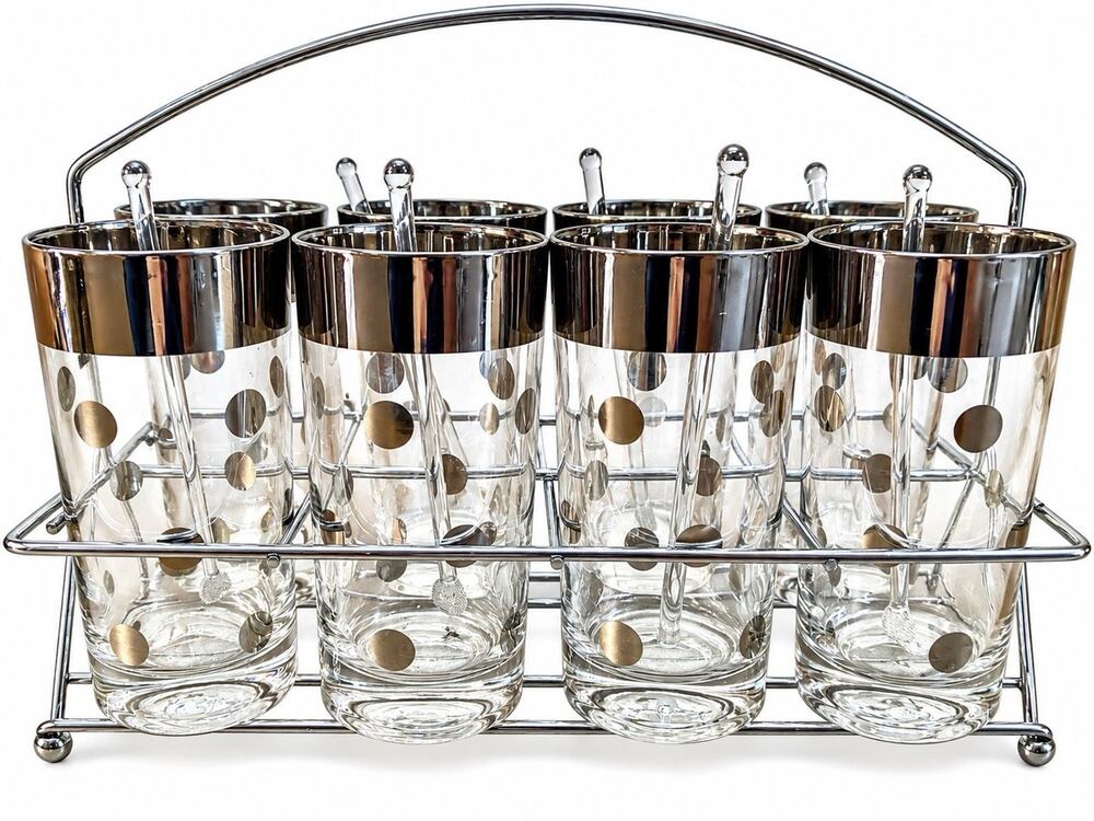 Vintage MCM Polka Dot Highball Glasses Set of 8 w/ 7 Stirrers Chrome Caddy